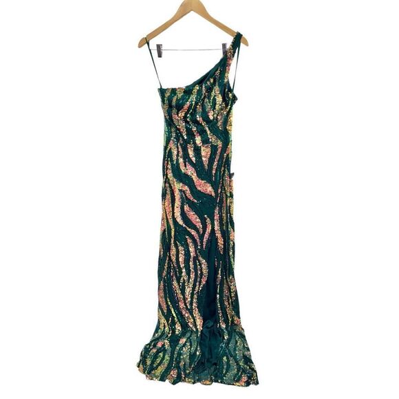 City Studio Dress‎ Juniors' Sequin One-Shoulder Slit Gown Size 8 Green Gold NWT - Picture 3 of 12